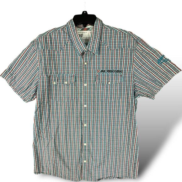 QS by S. Oliver Mens Extra Slim Fit‎ XL S/S Blue & Red Plaid Button Up Shirt EUC - Picture 1 of 8